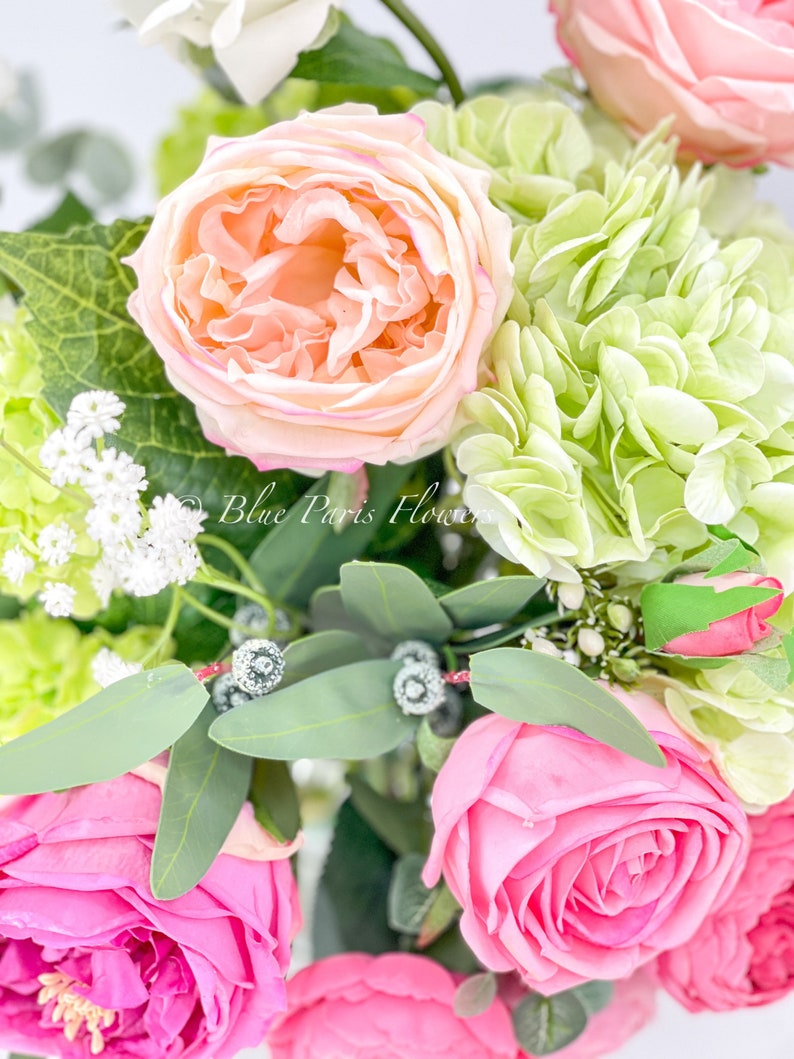 Faux Flower Arrangement, Peonies, Roses, Greens in Vase, Floral Decor Real Touch Centerpiece, Faux Artificial Flowers Silk Arrangement Pink image 5