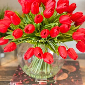 May include: A bouquet of red tulips in a clear glass vase. The vase is sitting on a book with the word "MACARON" printed on the cover.