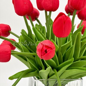May include: A bouquet of red tulips in a clear glass vase. The tulips are arranged in a cluster with their stems extending out of the vase. The vase is sitting on a white surface.