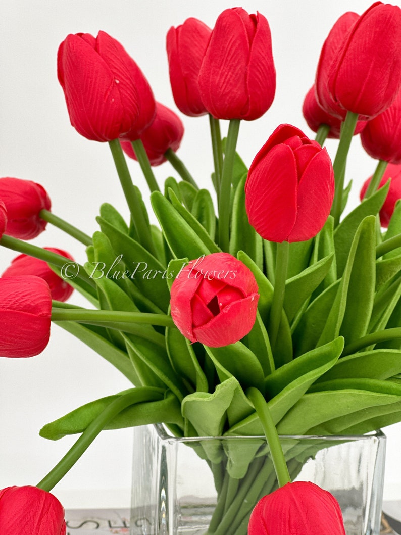 May include: A bouquet of red tulips in a clear glass vase. The tulips are arranged in a cluster with their stems extending out of the vase. The vase is sitting on a white surface.