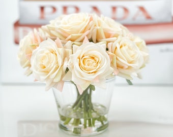 Blush Rose Arrangement: Real Touch Faux Flowers in Glass Vase