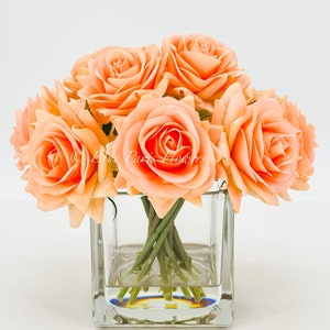 Tangerine Orange Rose Arrangement Real Touch, Faux Flowers, Artificial Floral Arrangement in Glass Vase by Blue Paris