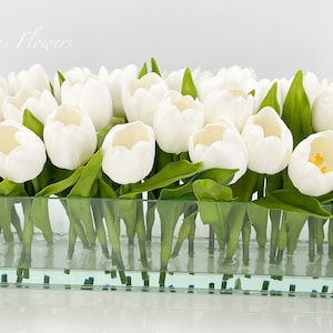 Modern Long White REAL TOUCH Tulip Arrangement Artificial Faux Centerpiece Floral Flower Arrangement Faux Flowers Glass Vase French Decor