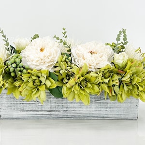 Green Dahlia & White Peony Faux Floral Arrangement in Whitewashed Wood Vase