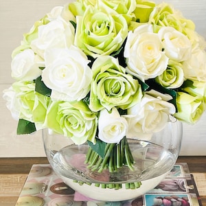Green & White Silk Rose Arrangement: Modern French Decor Centerpiece
