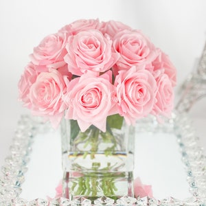 Real Touch Light Pink Roses Arrangement in Vase, French Country Artificial Flowers, Faux Floral Home Decor, Realistic Floral Arrangement