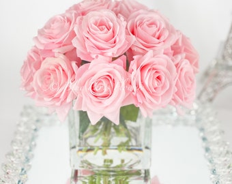 Real Touch Light Pink Roses Arrangement in Vase, French Country Artificial Flowers, Faux Floral Home Decor, Realistic Floral Arrangement