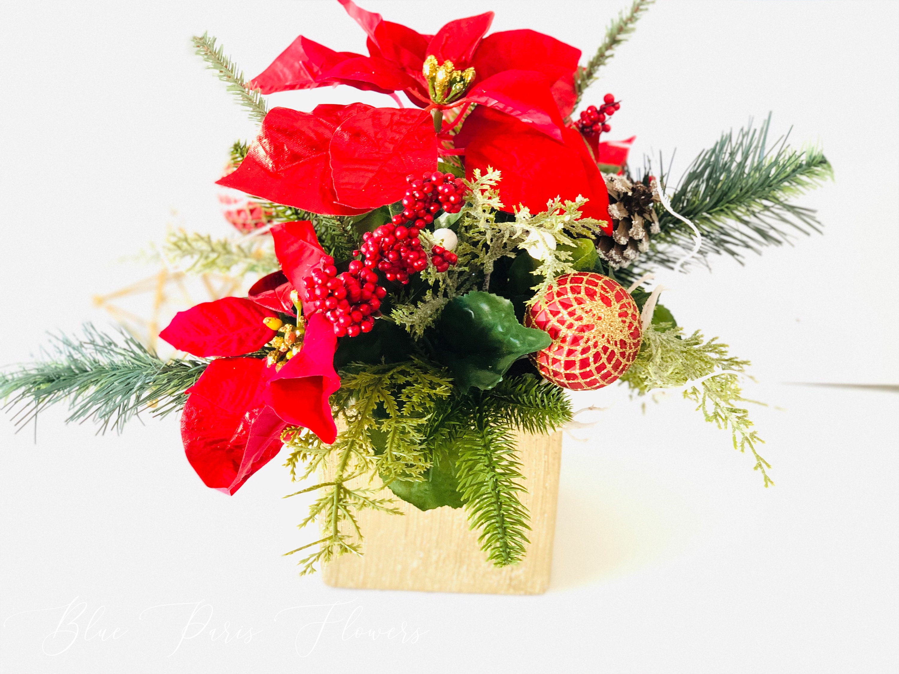 Christmas Artificial Flower Arrangement-Christmas Faux Centerpiece-Christmas Fake Flowers 