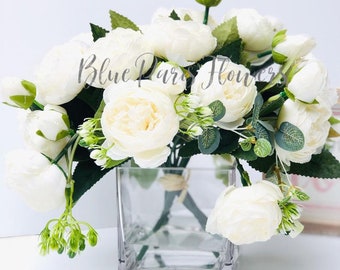 Faux Rose Peony Arrangement: Silk Flowers in Glass Vase, Home Decor