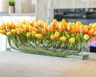 100 Orange Modern Long REAL TOUCH Tulips Arrangement Artificial Faux Table Centerpiece Floral Flower Arrangement Wedding French Style Decor