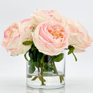 Blush Pink Austin Rose Arrangement Real Touch French Country Floral Artificial Faux Forever Flowers in Glass Vase for Home Decor Blue Paris