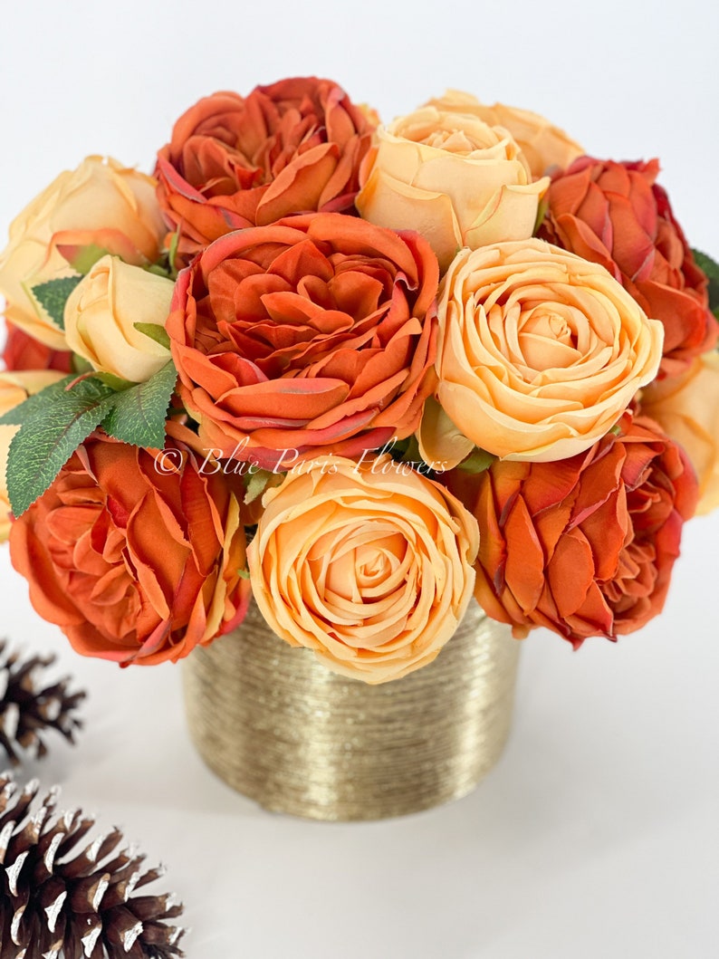 Austin Roses in Gold Vase Floral Decor Centerpiece Faux Etsy