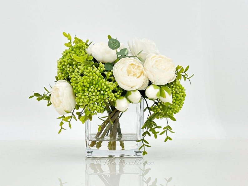 White Peonies and Green/White Real Touch Rose, Berries, Arrangement Artificial Faux Centerpiece, French Floral Flowers in Vase Home Decor image 1