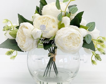 Faux Rose Peony Arrangement: Silk Flower Centerpiece in Glass Vase