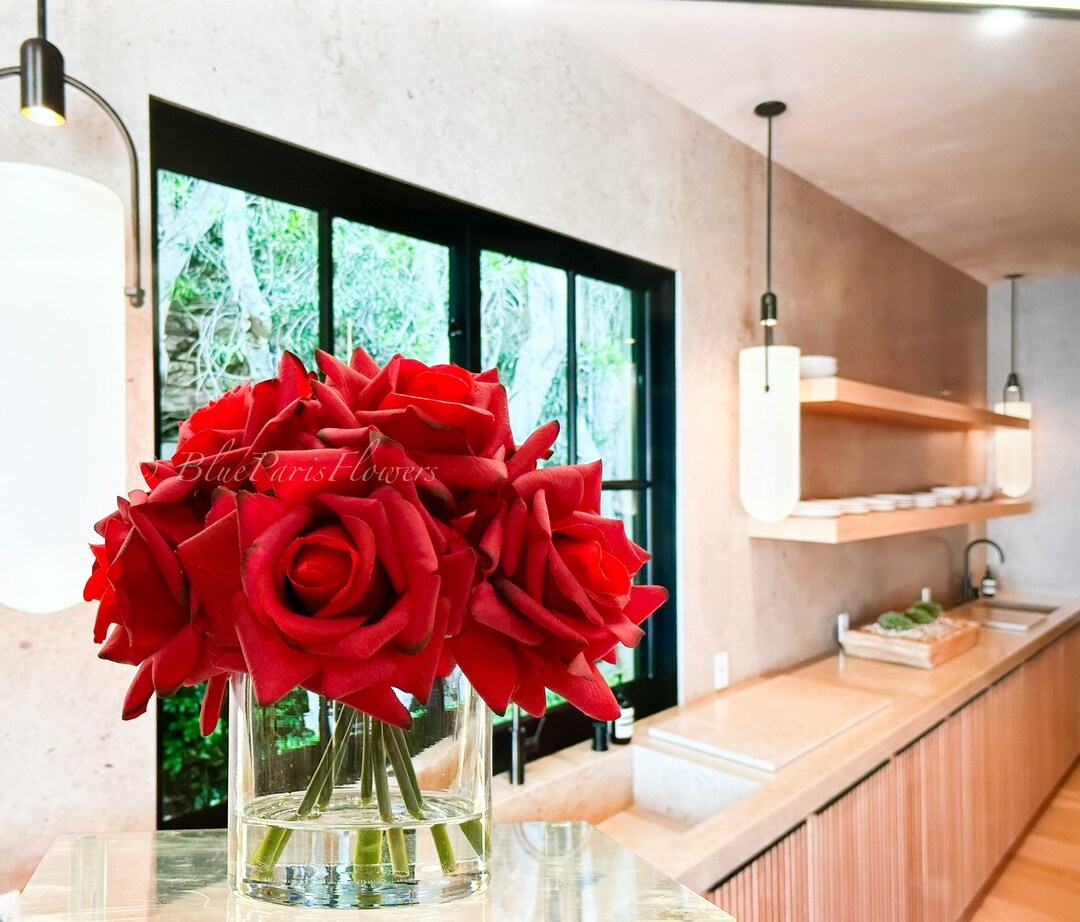 Real Touch Red Roses Arrangement in Vase, French Country Artificial