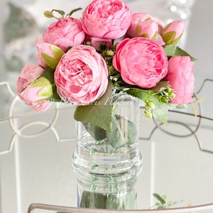 Pink Rose Peony Arrangement, Artificial Faux Table Centerpiece, Faux Florals, Silk Flowers Arrangement in Glass Vase by Blue Paris image 8