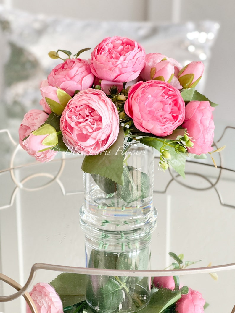 Pink Rose Peony Arrangement, Artificial Faux Table Centerpiece, Faux Florals, Silk Flowers Arrangement in Glass Vase by Blue Paris image 8