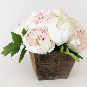 Pink Tipped White Ivory Peony Arrangement, Artificial Faux Centerpiece, Floral Centerpiece, Silk Flowers in Cedarwood Box Vase