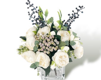 Faux White Peony Arrangement: Berries, Blueberries, Glass Vase Centerpiece