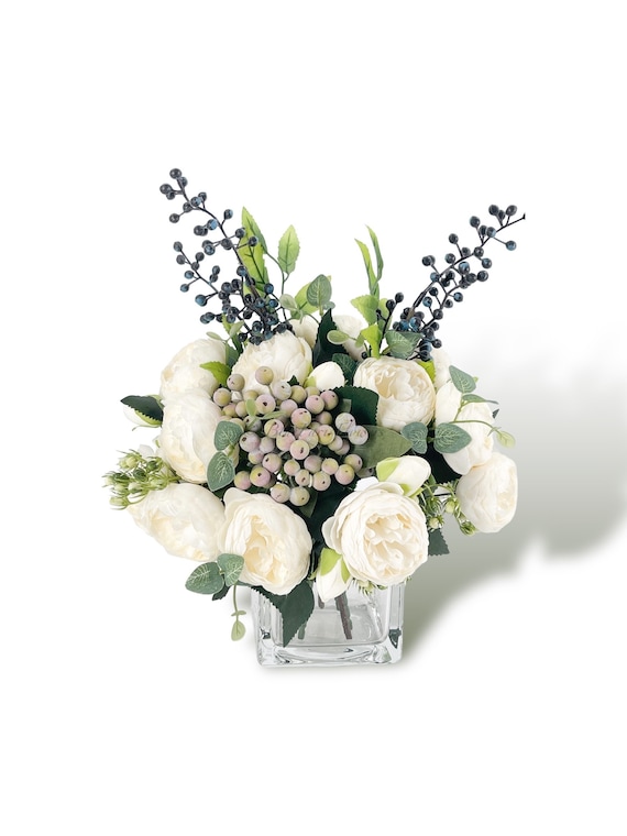 Faux White Peony Arrangement: Berries, Blueberries, Glass Vase Centerpiece