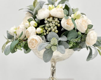 Elegant White Rose Peony Berries with Greenery Arrangement Artificial Faux Centerpiece French Silk Floral Flowers Pedestal Silver Vase Decor