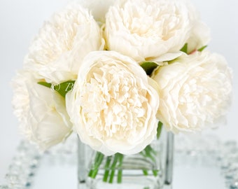 White Peony Rose Arrangement: Faux Floral Centerpiece in Glass Vase