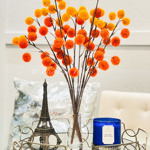 Modern Decor, Orange Red Billy Balls Artificial Faux Arrangement in Vase. Fall Floral Faux Floral Centerpiece, Home, Office Decor