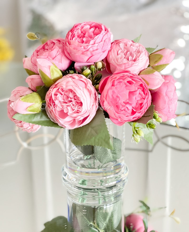 Pink Rose Peony Arrangement, Artificial Faux Table Centerpiece, Faux Florals, Silk Flowers Arrangement in Glass Vase by Blue Paris image 10