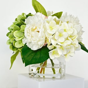 White Peonies and Green/White Real Touch Hydrangeas Arrangement Artificial Faux Centerpiece, Soft Touch Floral Flowers in Vase Home Decor