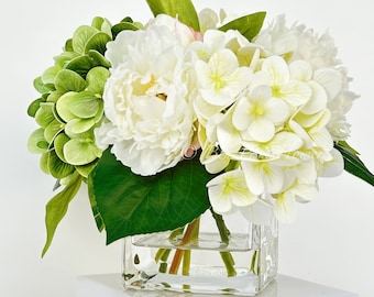 White Peonies and Green/White Real Touch Hydrangeas Arrangement Artificial Faux Centerpiece, Soft Touch Floral Flowers in Vase Home Decor