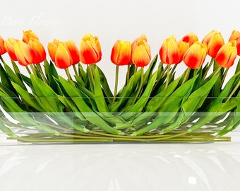 Real Touch Tulip Arrangement: Modern Faux Floral Centerpiece in Glass Vase