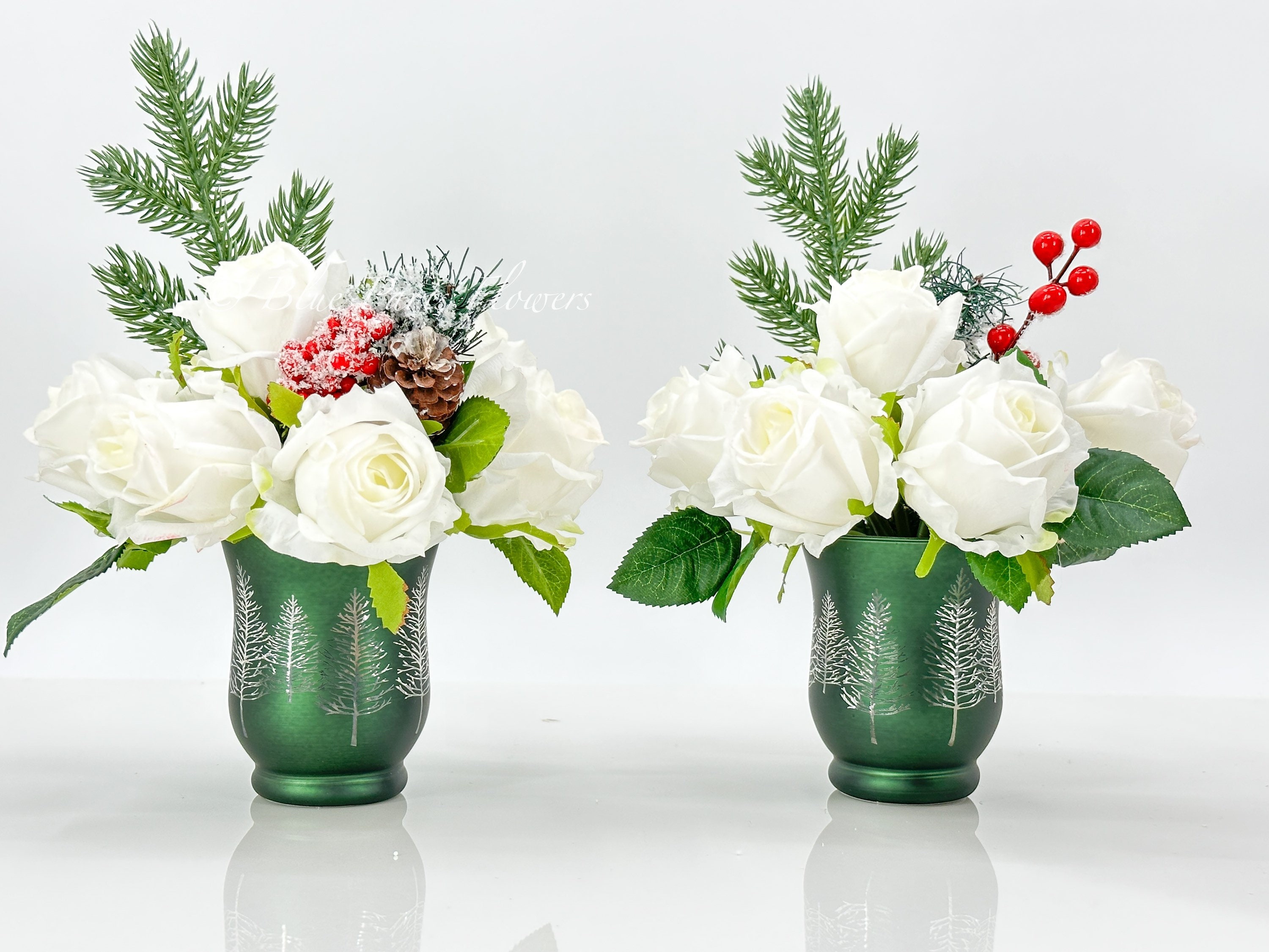 Holiday Time 17” Christmas Artificial Floral Arrangement in White Ceramic  Jug, Green 