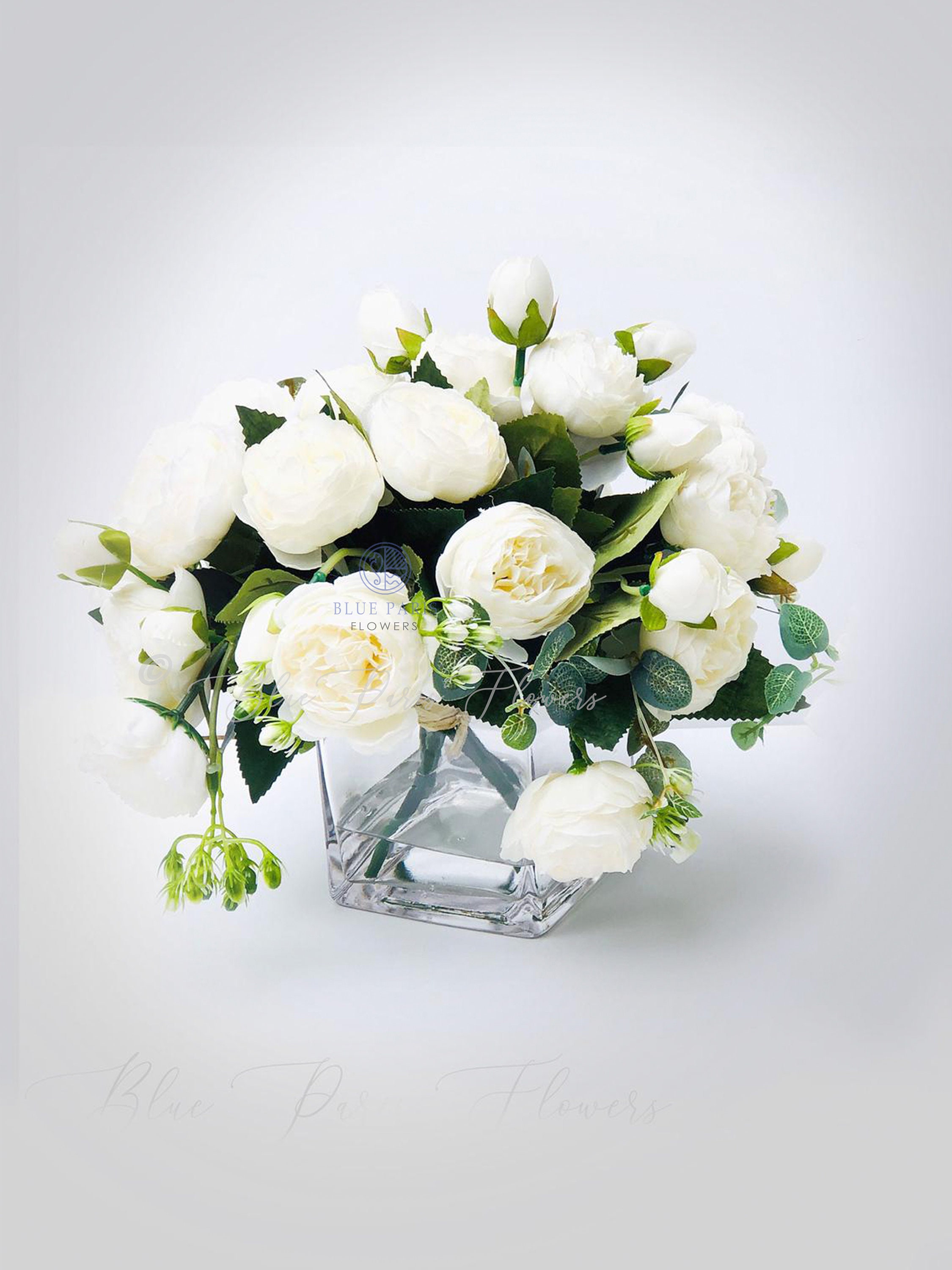 White or Pink Rose Peony Arrangement, Artificial Faux Centerpiece, Silk Flowers in Glass Vase for Home Decor