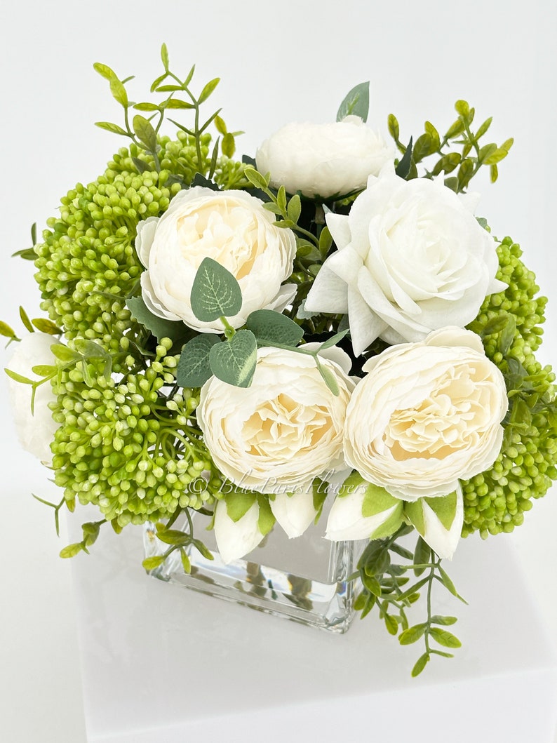 White Peonies and Green/White Real Touch Rose, Berries, Arrangement Artificial Faux Centerpiece, French Floral Flowers in Vase Home Decor image 3