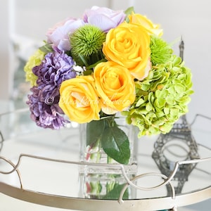 Modern Floral Arrangement | French Country | Table Centerpiece, Yellow, Lavender | Unique Floral Faux Flowers in Glass Vase for Home Decor
