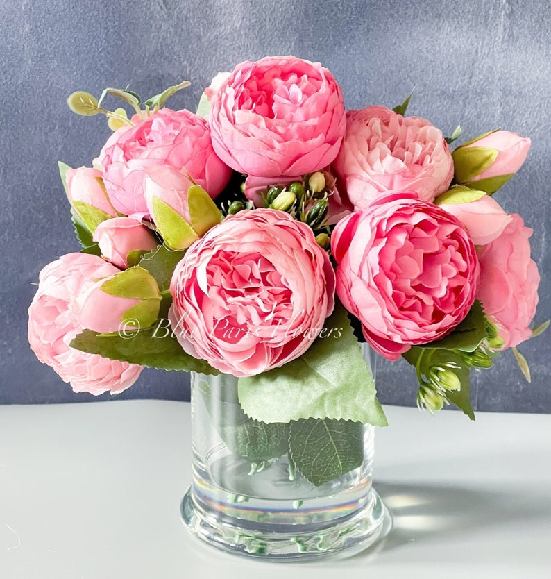 Pink Rose Peony Arrangement, Artificial Faux Table Centerpiece, Faux Florals, Silk Flowers Arrangement in Glass Vase by Blue Paris image 1