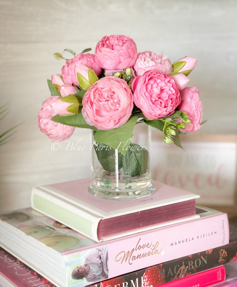 Pink Rose Peony Arrangement, Artificial Faux Table Centerpiece, Faux Florals, Silk Flowers Arrangement in Glass Vase by Blue Paris image 7