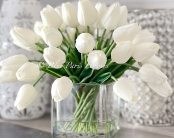 White Tulip Arrangement: 30 Faux Flowers in Glass Vase