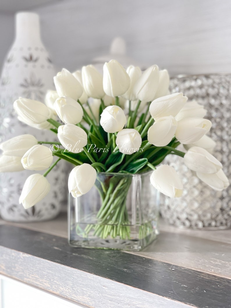 White Tulips 30 Floral | Modern Arrangement | Realistic Touch | Artificial Faux Forever Fake Flowers in Glass Vase for Home Decor Blue Paris