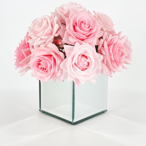 14 Pink Real Touch Rose Centerpiece  Faux Flower Arrangement | French Country Arrangement, Silk Floral Modern Decor Faux Flower Mirror Vase