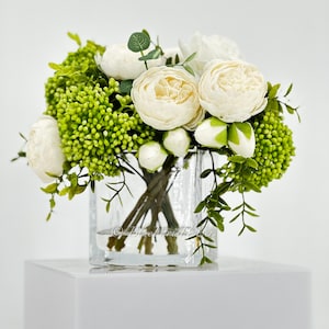 White Peonies and Green/White Real Touch Rose, Berries, Arrangement Artificial Faux Centerpiece, French Floral Flowers in Vase Home Decor image 7