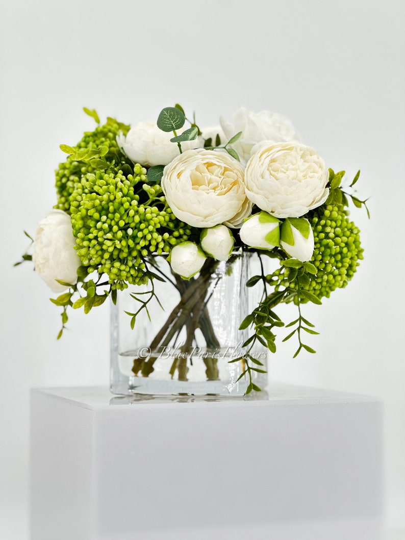 White Peonies and Green/White Real Touch Rose, Berries, Arrangement Artificial Faux Centerpiece, French Floral Flowers in Vase Home Decor image 7