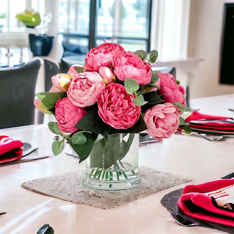 Pink Rose Peony Arrangement, Artificial Faux Table Centerpiece, Faux Florals, Silk Flowers Arrangement in Glass Vase by Blue Paris image 6