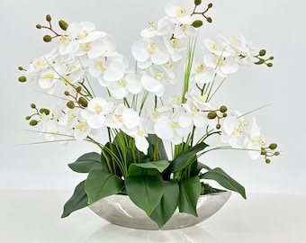 White 8 Stems Phalaenopsis Orchid Arrangement, Real Touch Orchids in Vase, Faux Floral Decor, Table Decor, Unique Handmade Gift, Decoration