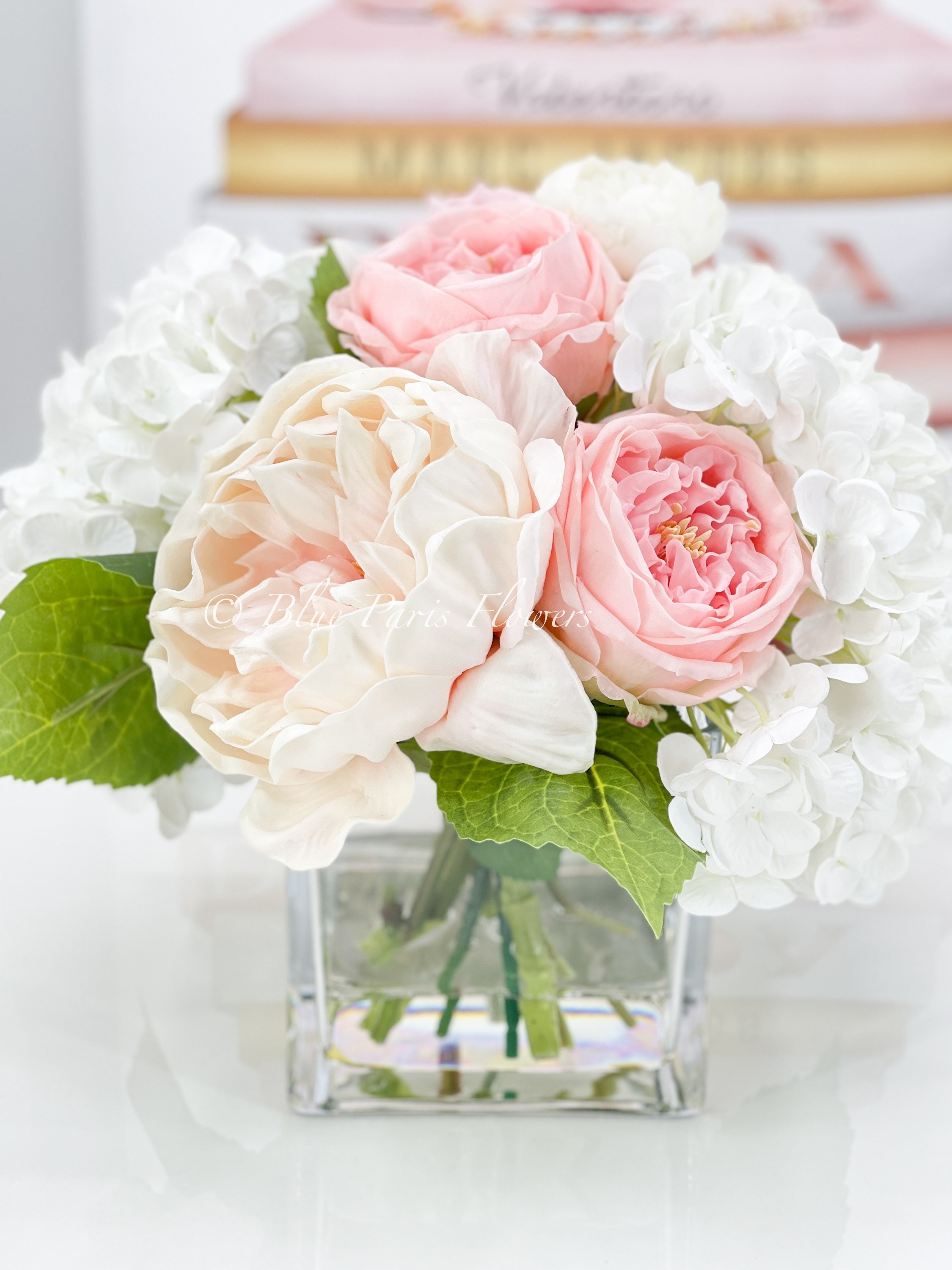 Real Touch Blush Pink Peonies Centerpiece with Pink Baby Breath