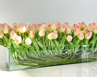 100 Peach Modern Long REAL TOUCH Tulips Arrangement Artificial Faux Table Centerpiece Floral Flower Arrangement Wedding French Style Decor