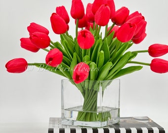 Real Touch Red Tulips Arrangement: Modern Faux Floral Centerpiece