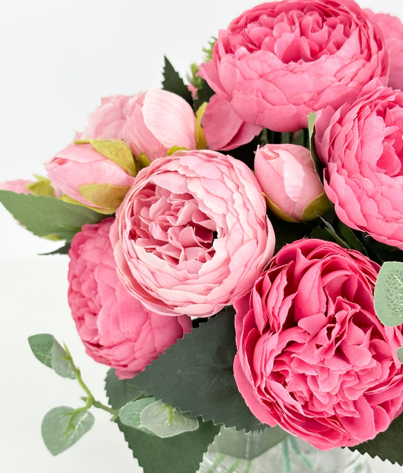 Pink Rose Peony Arrangement, Artificial Faux Table Centerpiece, Faux Florals, Silk Flowers Arrangement in Glass Vase by Blue Paris image 5