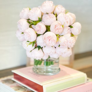 May include: A bouquet of pale pink artificial roses in a clear glass vase, sitting on top of two books. The top book is pink with the word "Bakery" printed on the cover. The bottom book is pink with the text "love,  Manuela" printed on the cover.