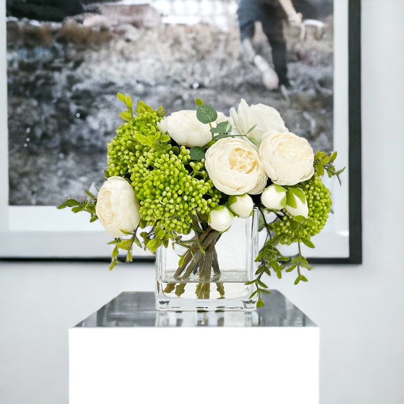 White Peonies and Green/White Real Touch Rose, Berries, Arrangement Artificial Faux Centerpiece, French Floral Flowers in Vase Home Decor image 2